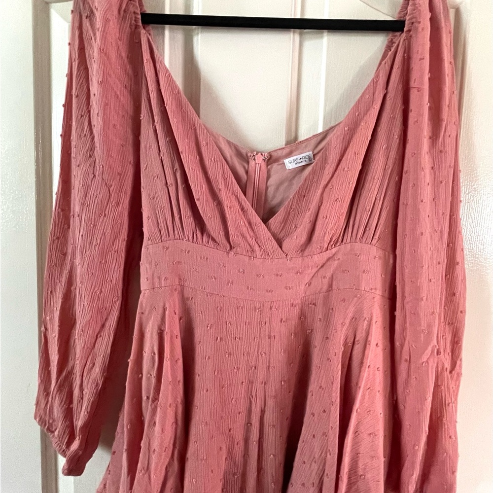 SALE! Surf Ride Born in CA Melon Swiss Dot Long Sleeve V-Neck Mini Dress - Large